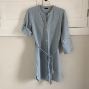 Light blue linen shirt dress with braided tie